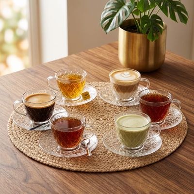 Deli Glass 12-Piece Wavy Design Tea Cup and Saucer Set